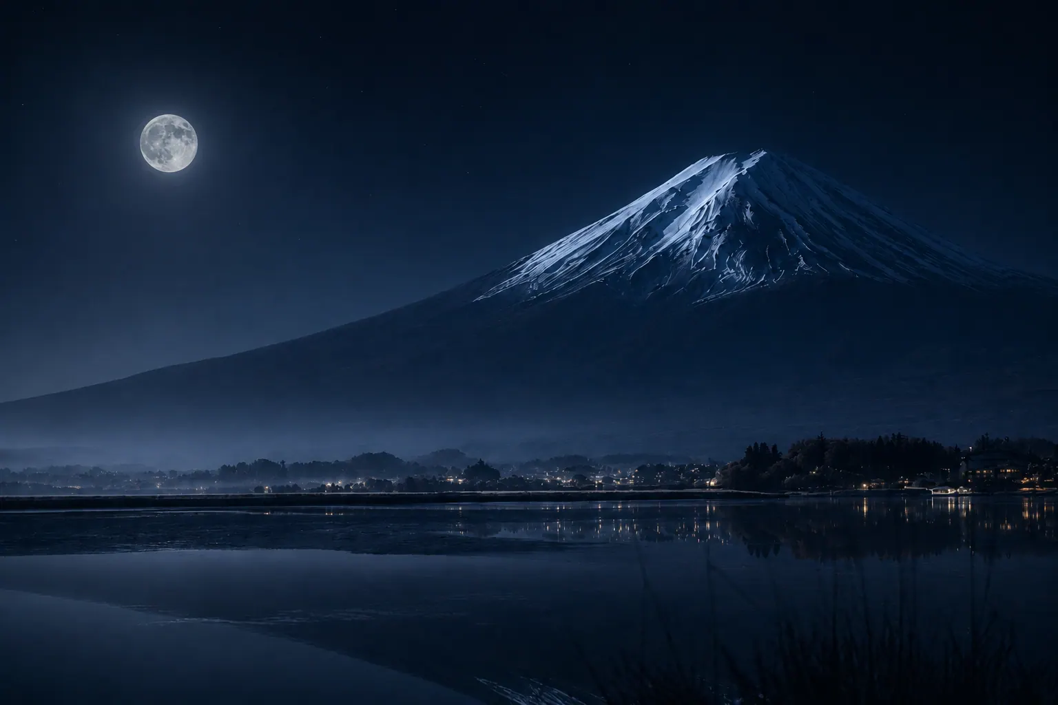 Mt. Fuji reflected on a still lake at dusk